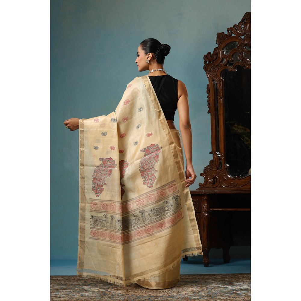 Dusala India Petal Handwoven Gold Kosi Silk Saree with Unstitched Blouse