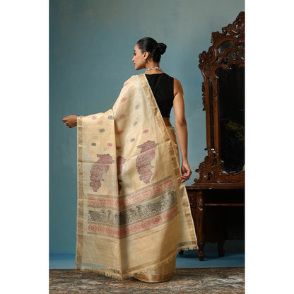 Dusala India Petal Handwoven Gold Kosi Silk Saree with Unstitched Blouse