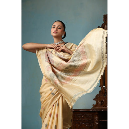 Dusala India Petal Handwoven Gold Kosi Silk Saree with Unstitched Blouse