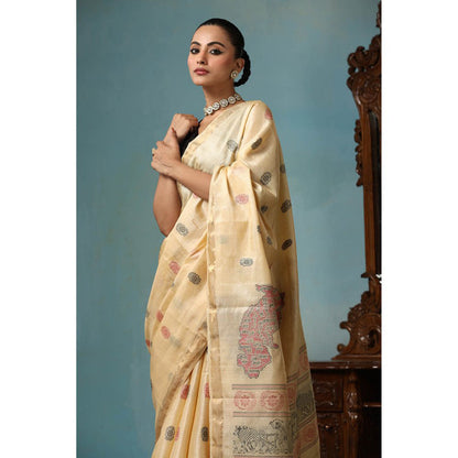 Dusala India Petal Handwoven Gold Kosi Silk Saree with Unstitched Blouse