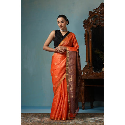 Dusala India Lily Handwoven Orange Kosi Silk Mark Saree with Unstitched Blouse