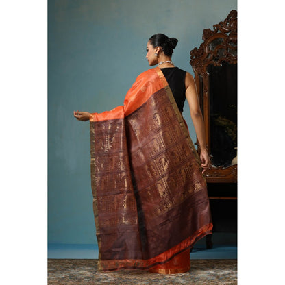 Dusala India Lily Handwoven Orange Kosi Silk Mark Saree with Unstitched Blouse