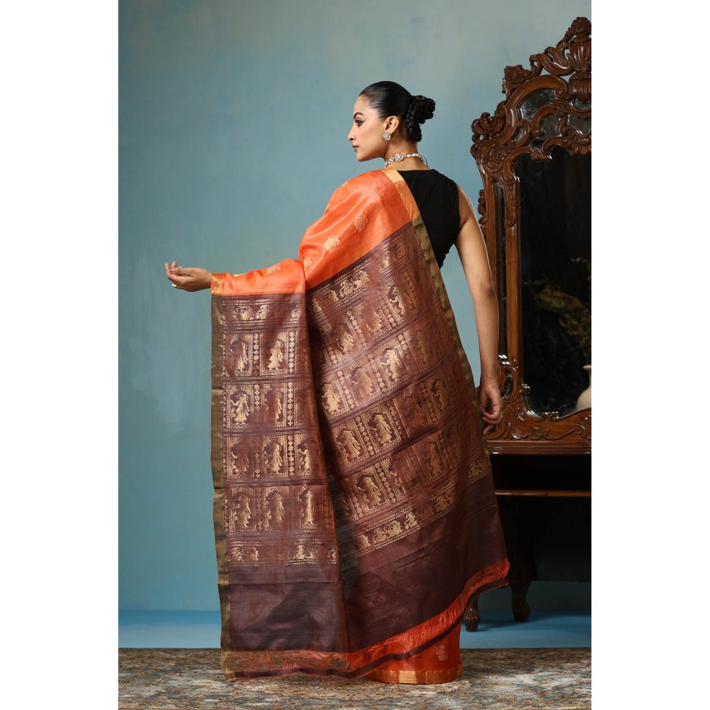 Dusala India Lily Handwoven Orange Kosi Silk Mark Saree with Unstitched Blouse