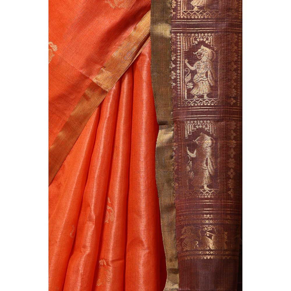 Dusala India Lily Handwoven Orange Kosi Silk Mark Saree with Unstitched Blouse