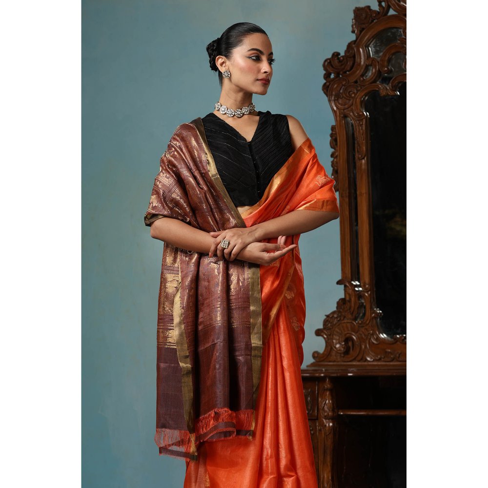 Dusala India Lily Handwoven Orange Kosi Silk Mark Saree with Unstitched Blouse