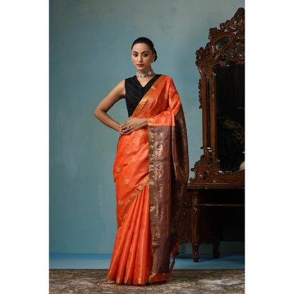 Dusala India Lily Handwoven Orange Kosi Silk Mark Saree with Unstitched Blouse