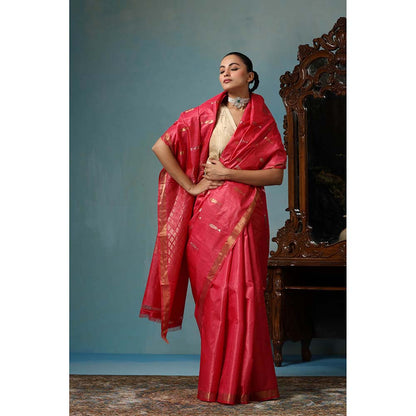 Dusala India Orchid Handwoven Pink Saree with Unstitched Blouse