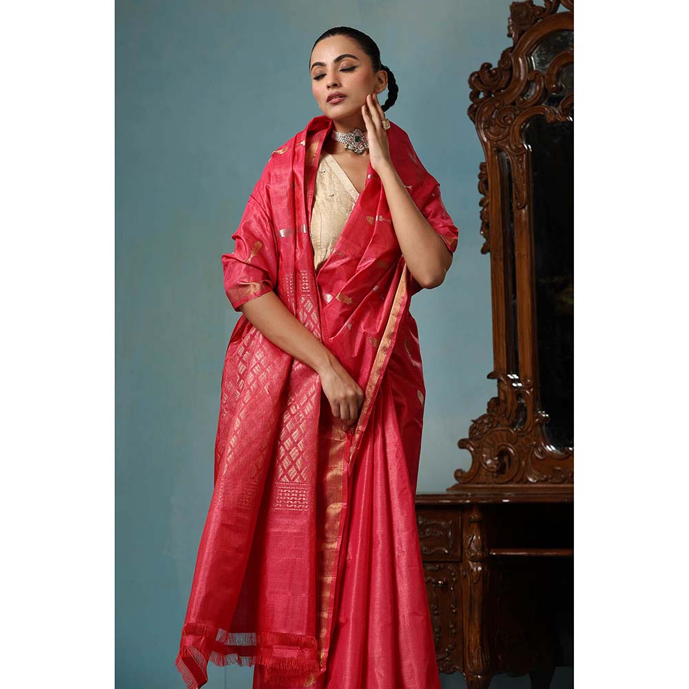 Dusala India Orchid Handwoven Pink Saree with Unstitched Blouse