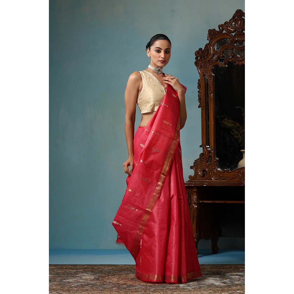Dusala India Orchid Handwoven Pink Saree with Unstitched Blouse