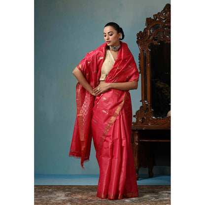 Dusala India Orchid Handwoven Pink Saree with Unstitched Blouse