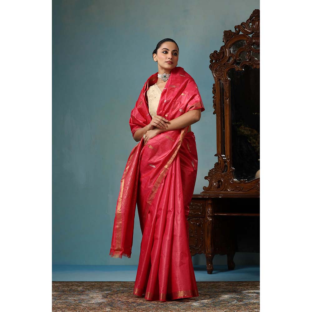 Dusala India Orchid Handwoven Pink Saree with Unstitched Blouse