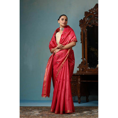 Dusala India Orchid Handwoven Pink Saree with Unstitched Blouse