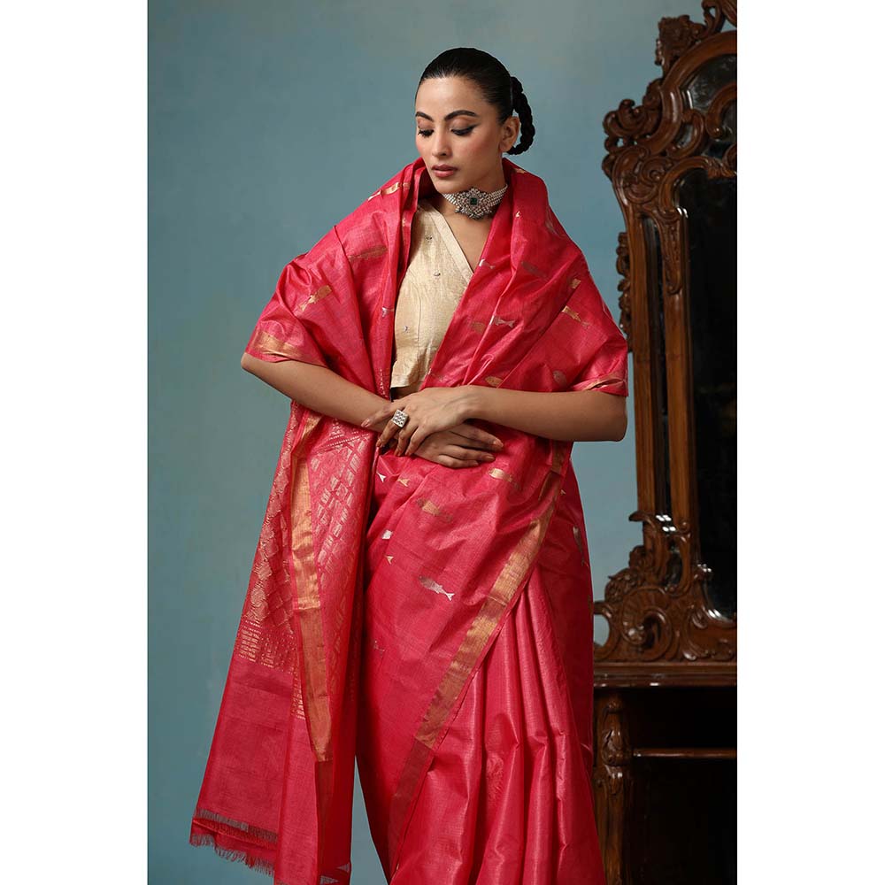 Dusala India Orchid Handwoven Pink Saree with Unstitched Blouse