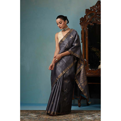 Dusala India Tulip Handwoven Grey Kosi Silk Mark Saree with Unstitched Blouse
