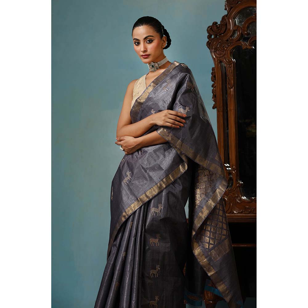 Dusala India Tulip Handwoven Grey Kosi Silk Mark Saree with Unstitched Blouse