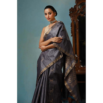 Dusala India Tulip Handwoven Grey Kosi Silk Mark Saree with Unstitched Blouse