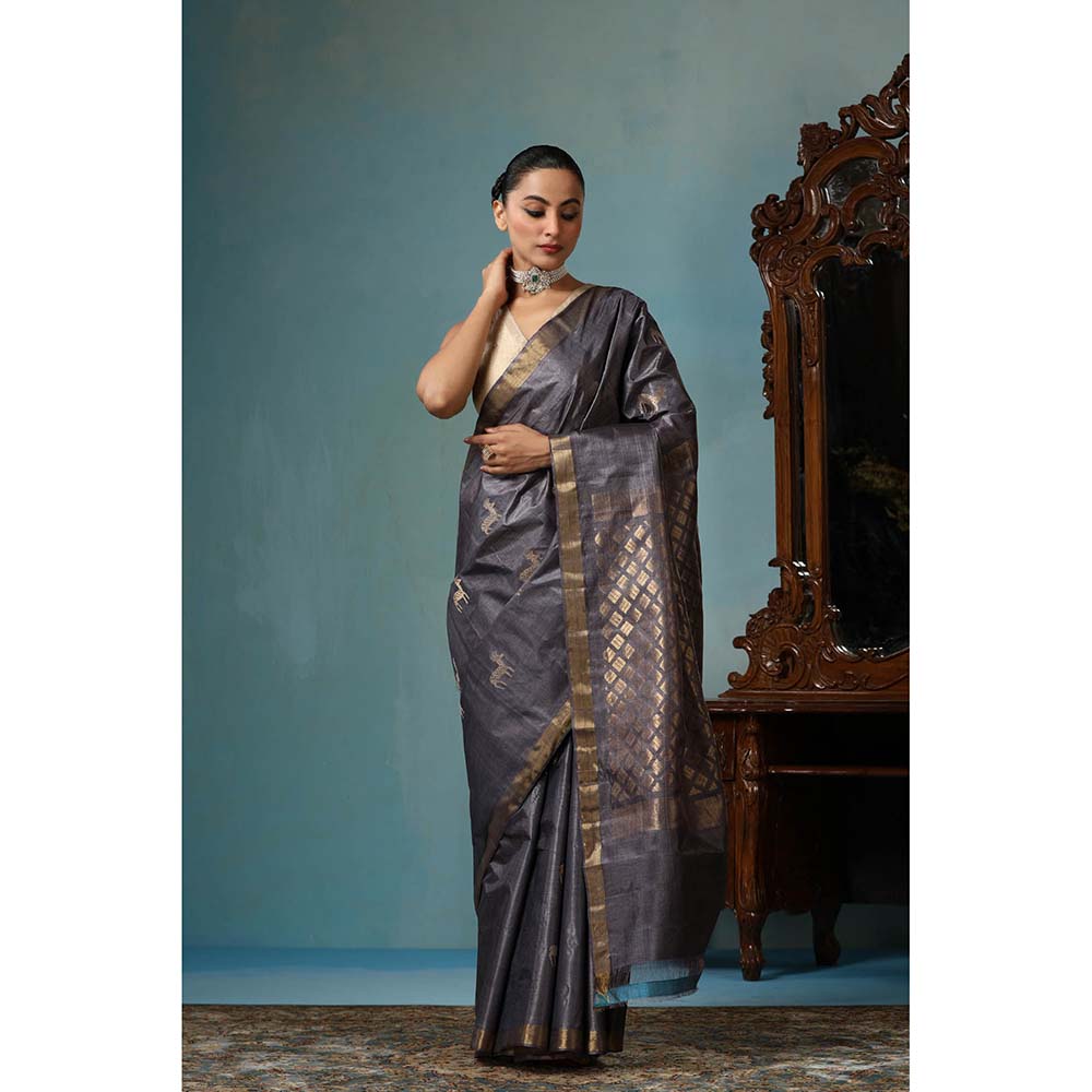 Dusala India Tulip Handwoven Grey Kosi Silk Mark Saree with Unstitched Blouse