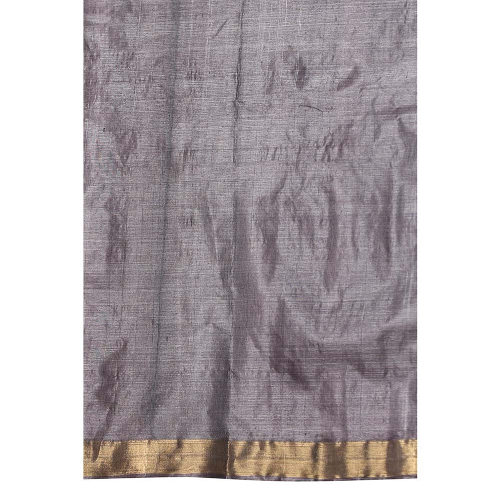 Dusala India Tulip Handwoven Grey Kosi Silk Mark Saree with Unstitched Blouse