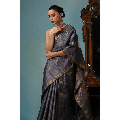 Dusala India Tulip Handwoven Grey Kosi Silk Mark Saree with Unstitched Blouse