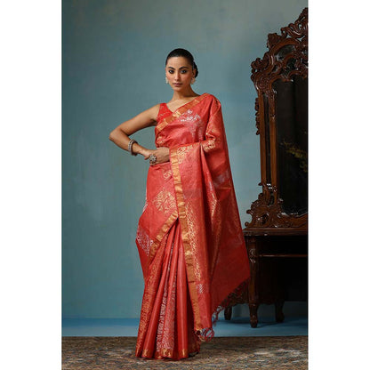 Dusala India Handwoven Red Kosi Silk Mark Saree with Unstitched Blouse