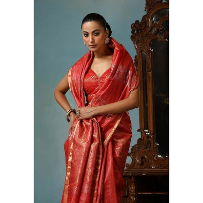 Dusala India Handwoven Red Kosi Silk Mark Saree with Unstitched Blouse