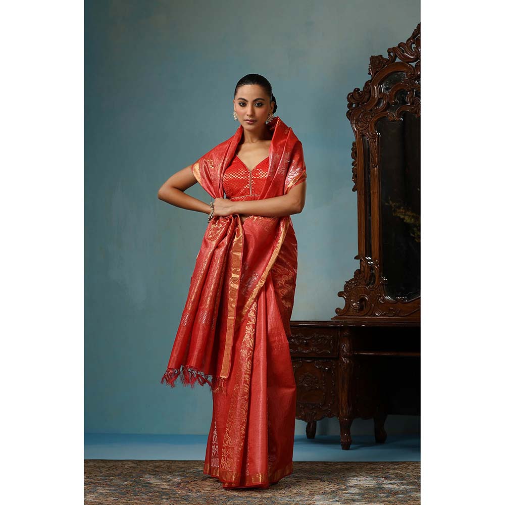 Dusala India Handwoven Red Kosi Silk Mark Saree with Unstitched Blouse