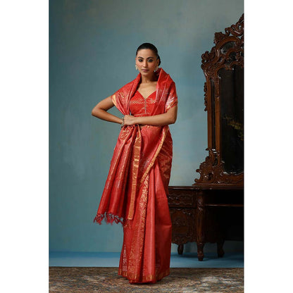Dusala India Handwoven Red Kosi Silk Mark Saree with Unstitched Blouse