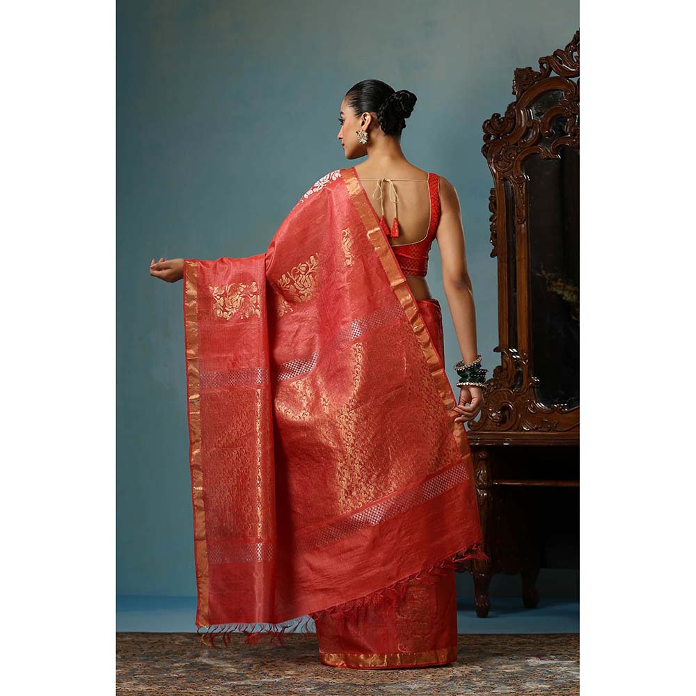 Dusala India Handwoven Red Kosi Silk Mark Saree with Unstitched Blouse