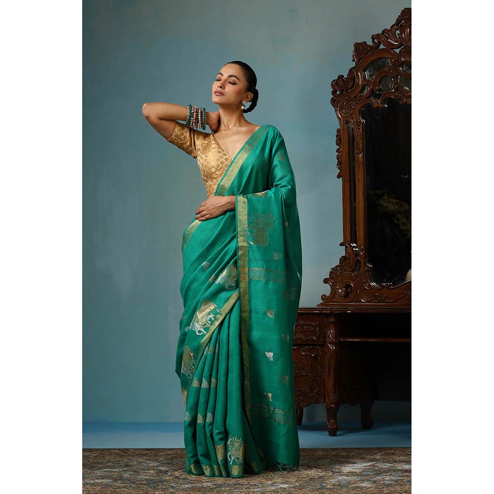 Dusala India Poppy Handwoven Sea Green Kosi Silk Mark Saree with Unstitched Blouse