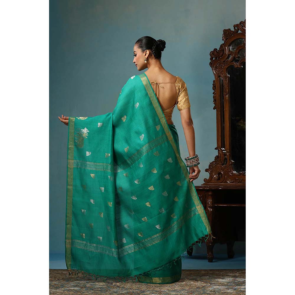 Dusala India Poppy Handwoven Sea Green Kosi Silk Mark Saree with Unstitched Blouse
