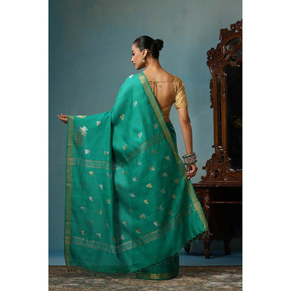 Dusala India Poppy Handwoven Sea Green Kosi Silk Mark Saree with Unstitched Blouse