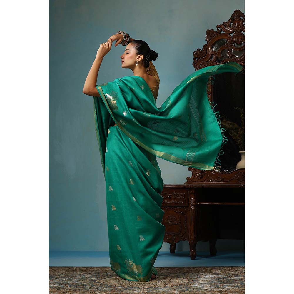 Dusala India Poppy Handwoven Sea Green Kosi Silk Mark Saree with Unstitched Blouse