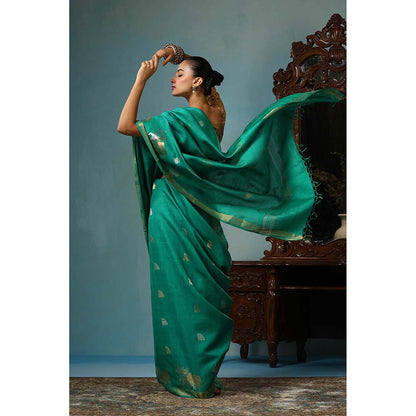 Dusala India Poppy Handwoven Sea Green Kosi Silk Mark Saree with Unstitched Blouse