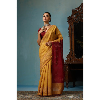 Dusala India Gardenia Handwoven Mustard Kosi Silk Mark Saree with Unstitched Blouse