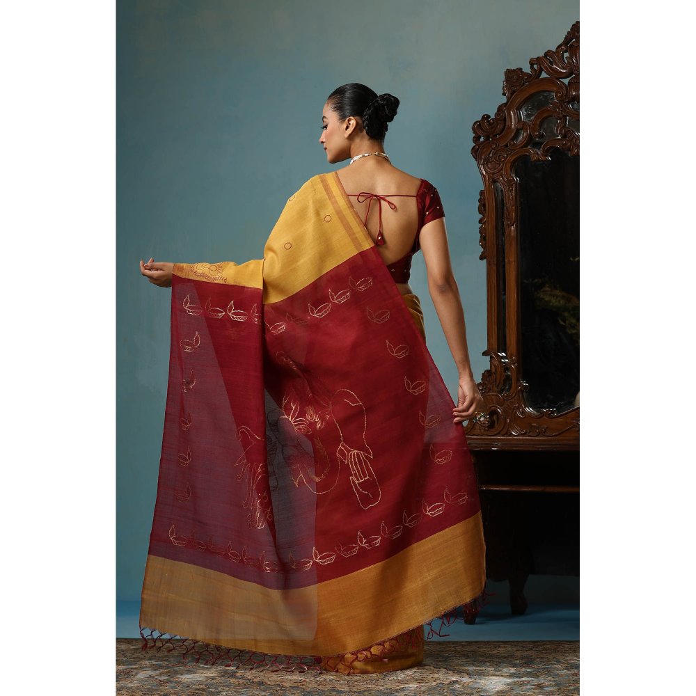 Dusala India Gardenia Handwoven Mustard Kosi Silk Mark Saree with Unstitched Blouse