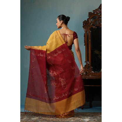 Dusala India Gardenia Handwoven Mustard Kosi Silk Mark Saree with Unstitched Blouse