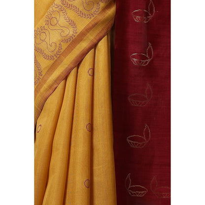 Dusala India Gardenia Handwoven Mustard Kosi Silk Mark Saree with Unstitched Blouse