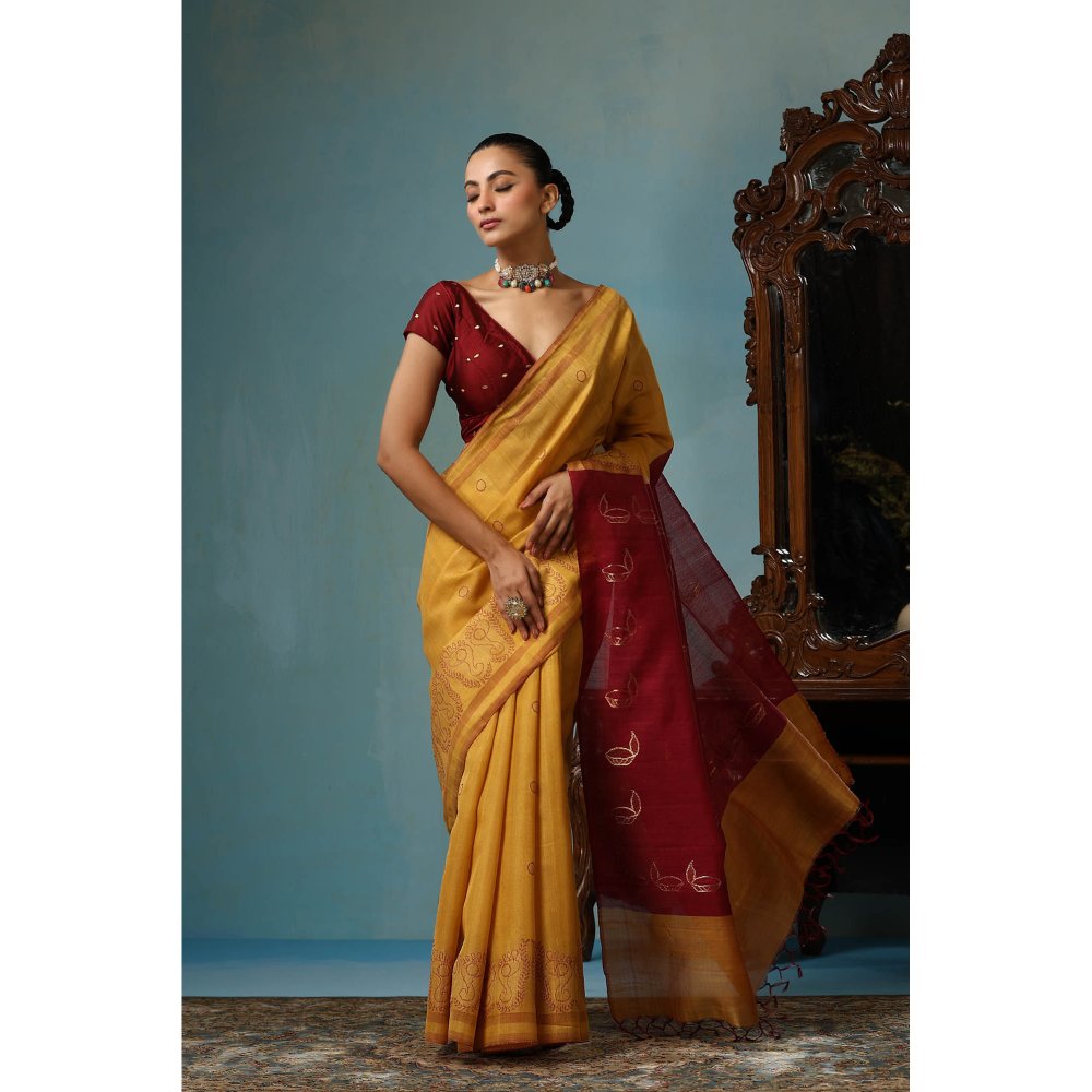 Dusala India Gardenia Handwoven Mustard Kosi Silk Mark Saree with Unstitched Blouse