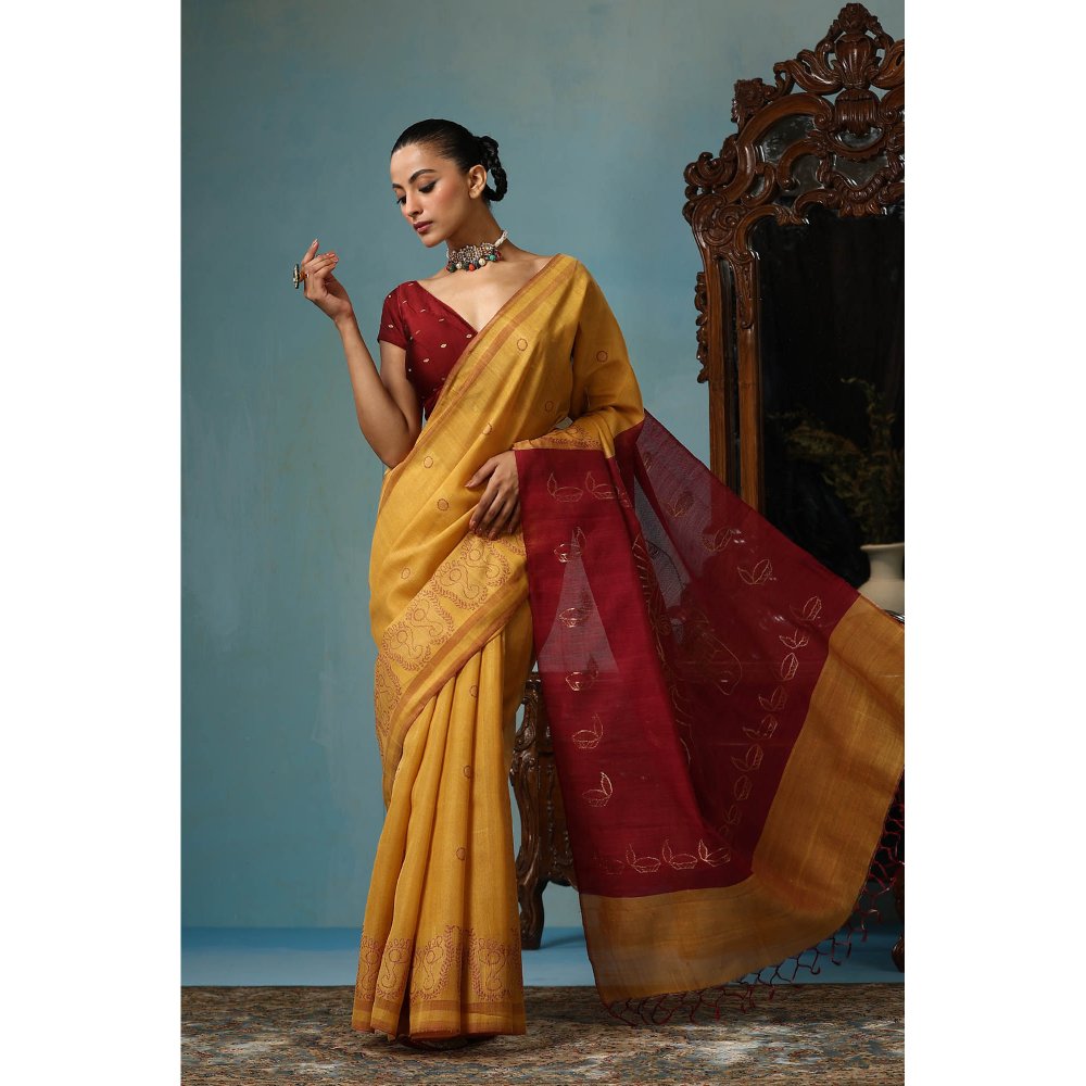 Dusala India Gardenia Handwoven Mustard Kosi Silk Mark Saree with Unstitched Blouse