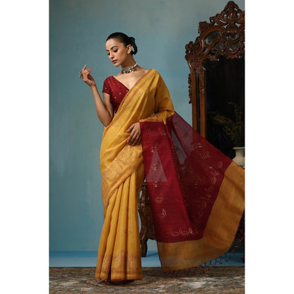 Dusala India Gardenia Handwoven Mustard Kosi Silk Mark Saree with Unstitched Blouse