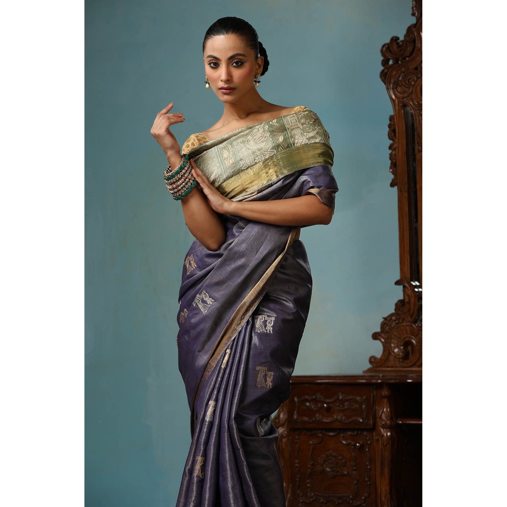 Dusala India Primary Handwoven Purplish Kosi Silk Mark Saree with Unstitched Blouse