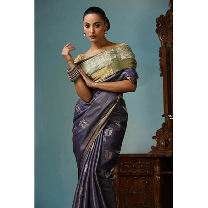 Dusala India Primary Handwoven Purplish Kosi Silk Mark Saree with Unstitched Blouse