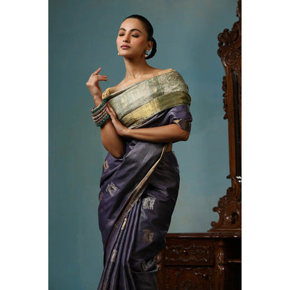 Dusala India Primary Handwoven Purplish Kosi Silk Mark Saree with Unstitched Blouse