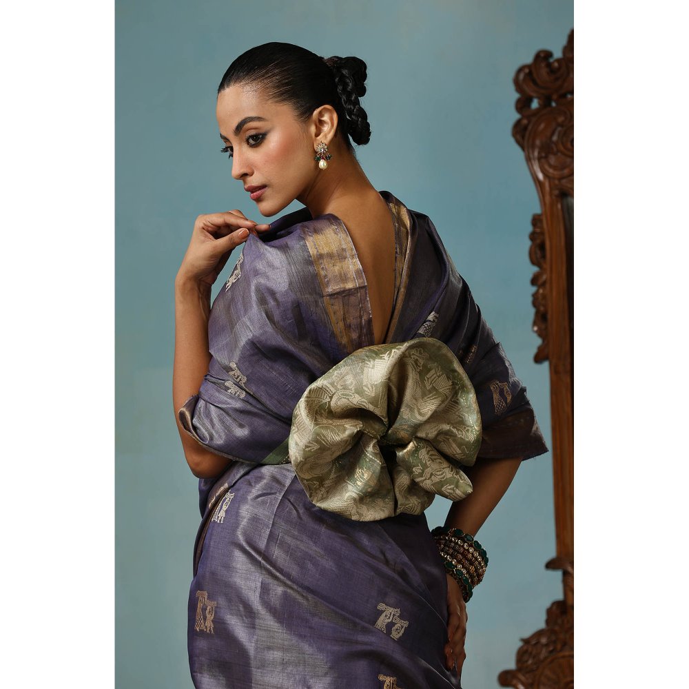Dusala India Primary Handwoven Purplish Kosi Silk Mark Saree with Unstitched Blouse