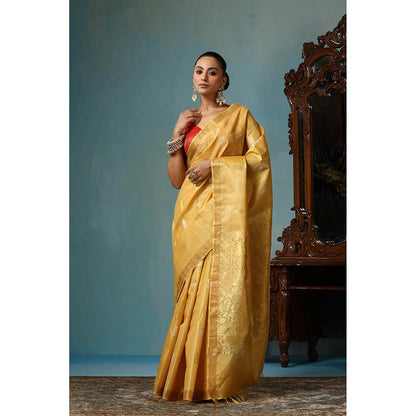 Dusala India Marigold Handwoven Gold Kosi Silk Mark Saree with Unstitched Blouse