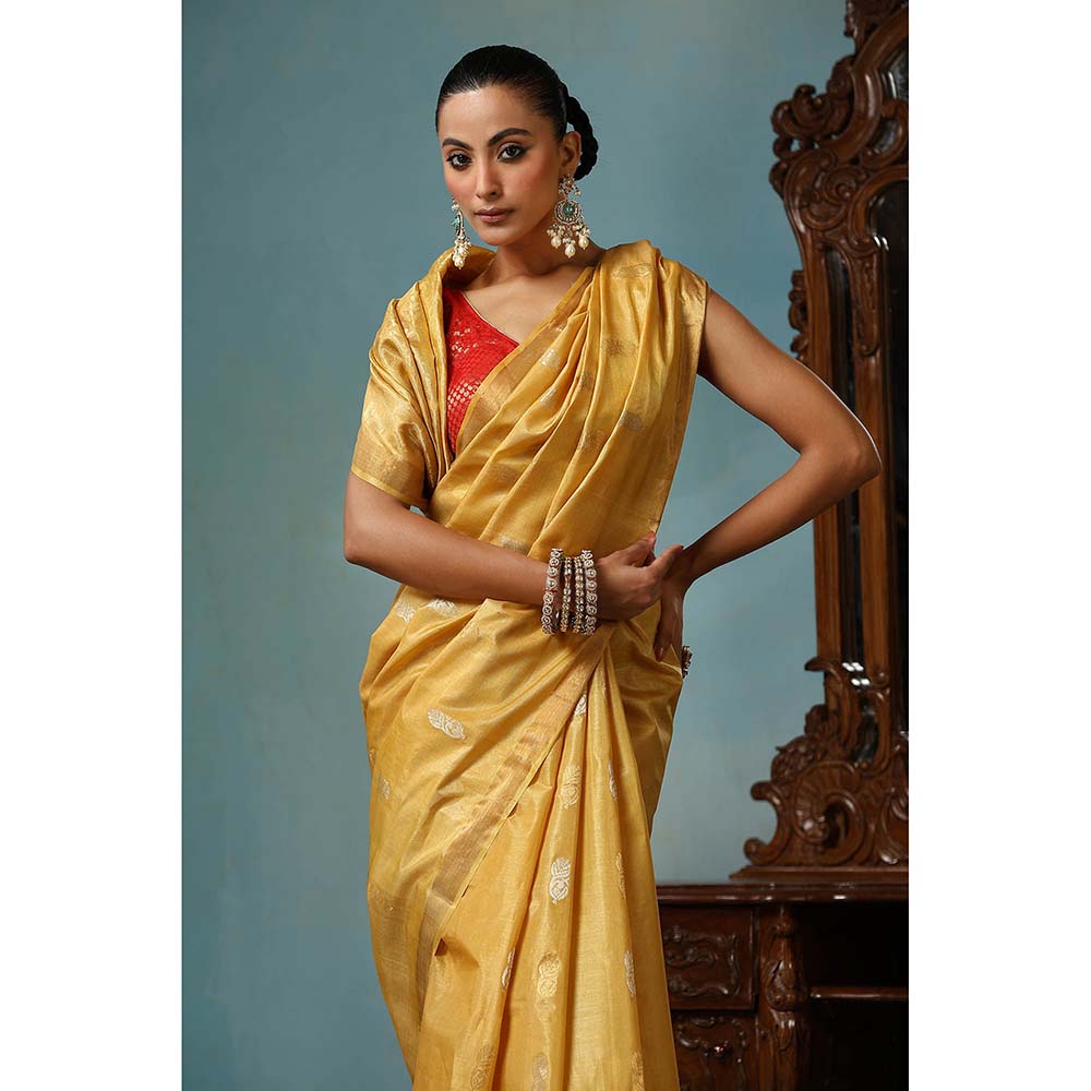 Dusala India Marigold Handwoven Gold Kosi Silk Mark Saree with Unstitched Blouse
