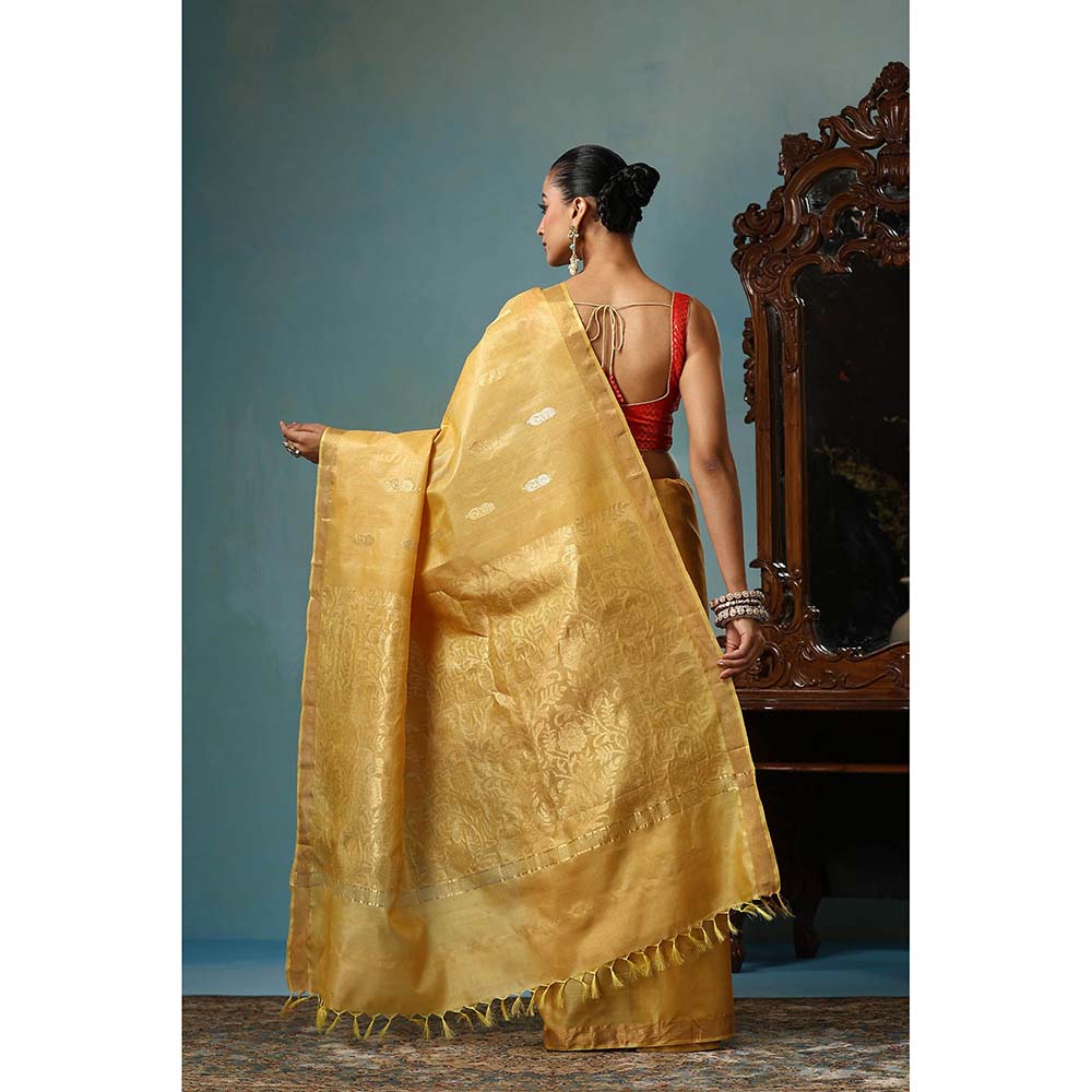 Dusala India Marigold Handwoven Gold Kosi Silk Mark Saree with Unstitched Blouse