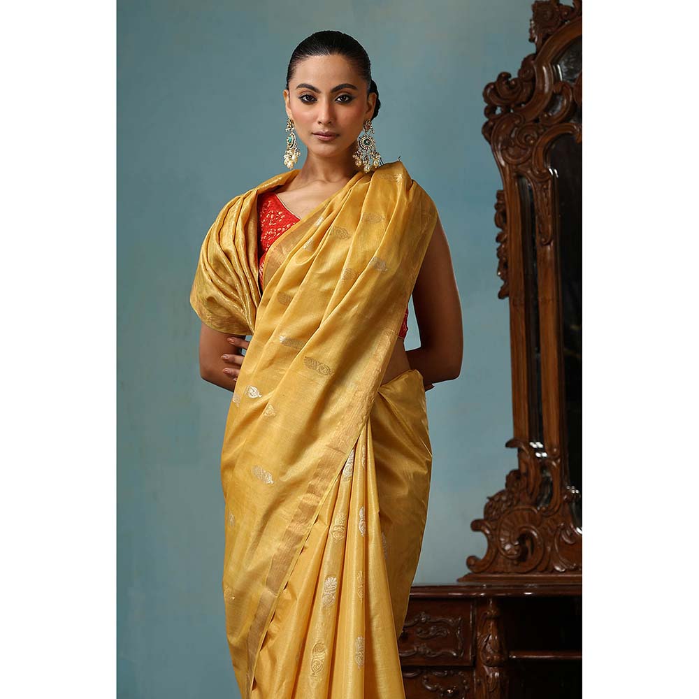 Dusala India Marigold Handwoven Gold Kosi Silk Mark Saree with Unstitched Blouse