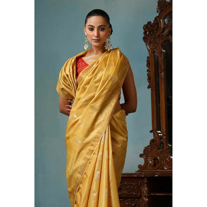 Dusala India Marigold Handwoven Gold Kosi Silk Mark Saree with Unstitched Blouse