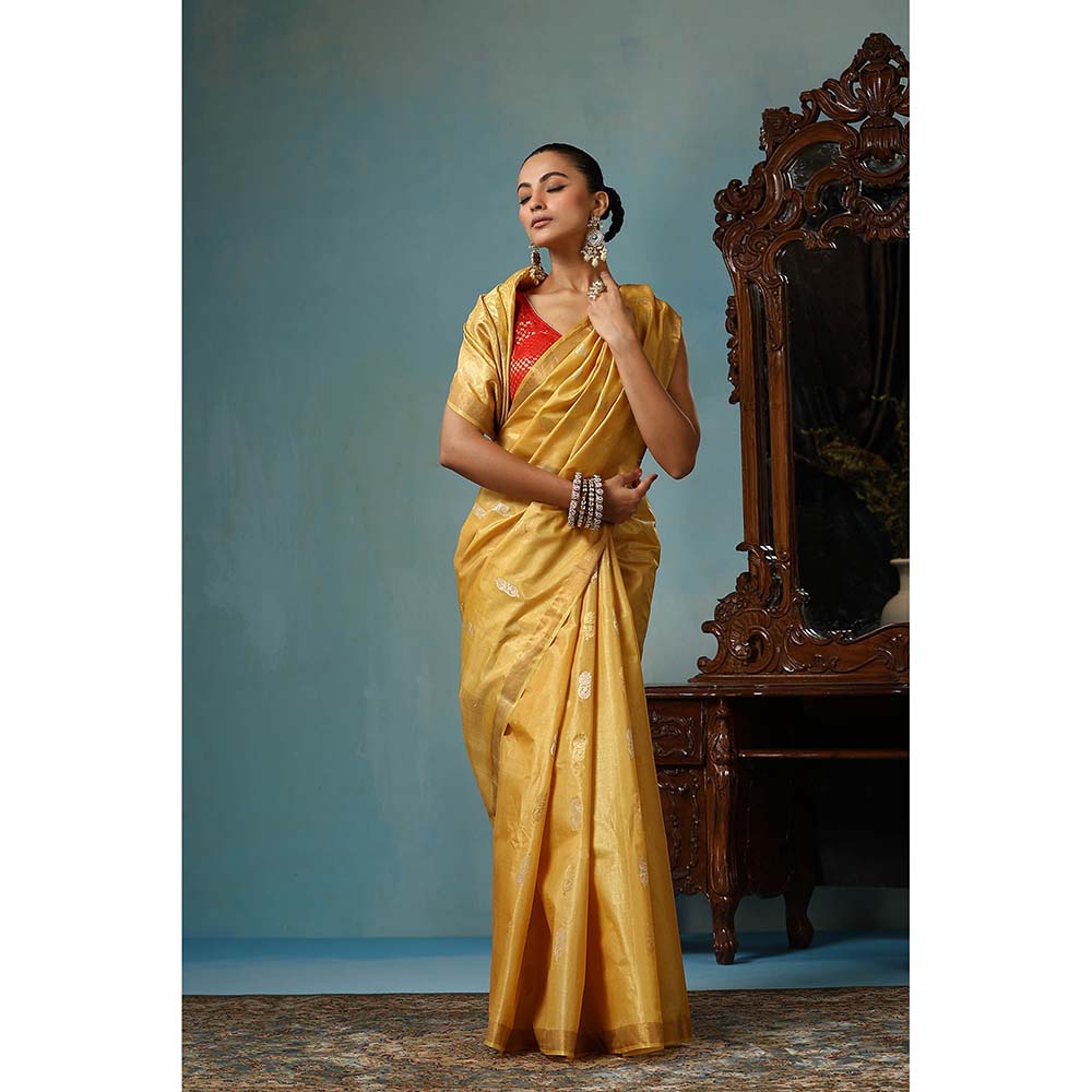 Dusala India Marigold Handwoven Gold Kosi Silk Mark Saree with Unstitched Blouse